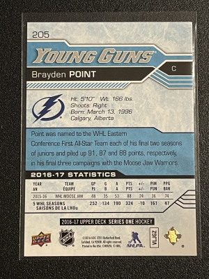2016-17 Upper Deck #205 Brayden Point Young Guns back