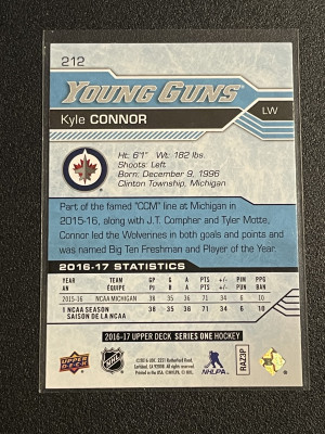 2016-17 Upper Deck #212 Kyle Connor Young Guns back