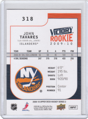 2009-10 Upper Deck Victory Rookie JOHN TAVARES #318 back