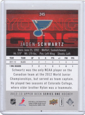 Jaden Schwartz Young Guns RC 2012-13 Upper Deck Rookie #245 Seattle Kraken back