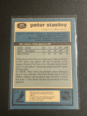 1981-82 O-pee-chee #269 Peter Stastny HoF back
