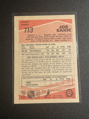 1989-90 O-pee-chee #113 Joe Sakic HoF back