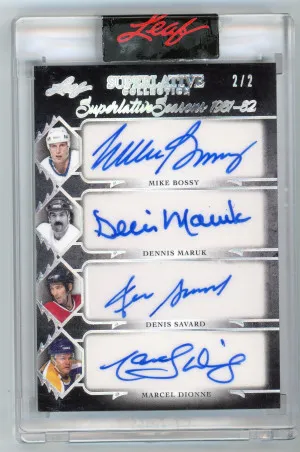 Leaf Superlative Seasons Quad Autograph #SSY-03 Mike Bossy Dennis Maruk Denis Savard Marcel Dionne #'d 2/2 front