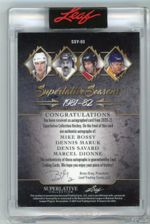 Leaf Superlative Seasons Quad Autograph #SSY-03 Mike Bossy Dennis Maruk Denis Savard Marcel Dionne #'d 2/2 back