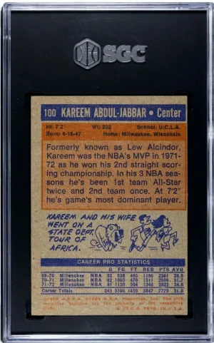 1972 Topps #100 Kareem Abdul Jabbar HOF SGC 7 NM back