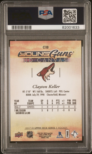 2017-18 Upper Deck Young Guns Canvas Clayton Keller #C110 PSA 10 Rookie RC back
