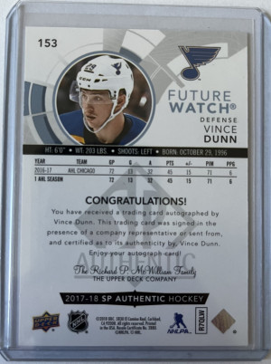 2017-18 Vince Dunn SP Authentic Future Watch Auto #/999 back