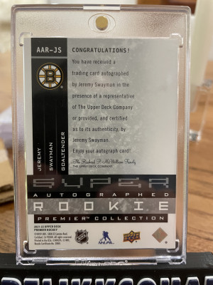 2021-22 Premier Super Autographed Rookies Jeremy Swayman /99 Auto back