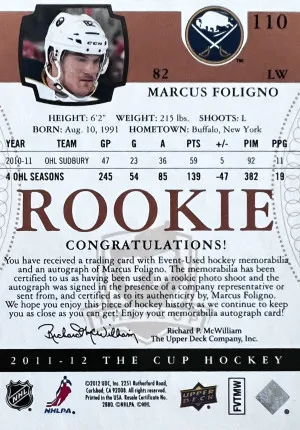 2011-12 Upper Deck The Cup RPA /249, Marcus Foligno back