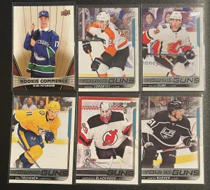 2018-19 Upper Deck Young Guns Lot (12) w Mackenzie Blackwood Eeli Tolvanen Dillon Dube Austin Wagner (8 more) + Rookie Commence Elias Pettersson front