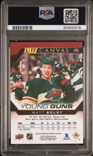 2022-23 UPPER DECK MATT BOLDY YOUNG GUNS CANVAS PSA 10 GEM MINT back