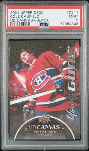 2021-22 UPPER DECK COLE CAUFIELD YOUNG GUNS CANVAS BLACK PSA 9 MINT front