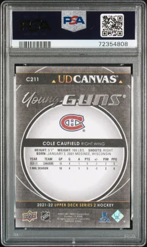 2021-22 UPPER DECK COLE CAUFIELD YOUNG GUNS CANVAS BLACK PSA 9 MINT back