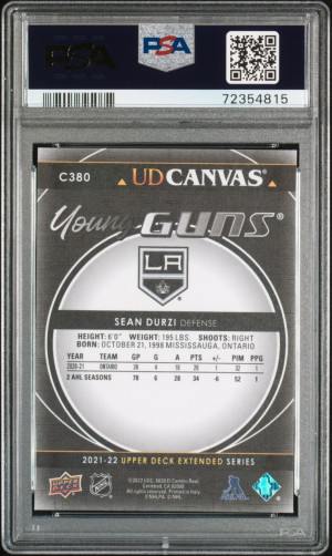 2021-22 UPPER DECK SEAN DURZI YOUNG GUNS CANVAS BLACK PSA 10 GEM MINT back