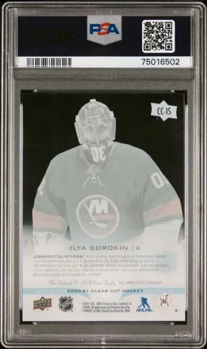 2020-21 UPPER DECK CLEAR CUT ILYA SOROKIN ROOKIE AUTO HIGH GLOSS /10 PSA 9 MINT back