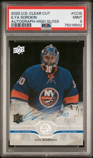 2020-21 UPPER DECK CLEAR CUT ILYA SOROKIN ROOKIE AUTO HIGH GLOSS /10 PSA 9 MINT front