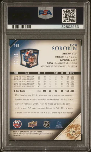 2020-21 UPPER DECK EXTENDED ILYA SOROKIN TRIBUTE YOUNG GUNS HIGH GLOSS /10 PSA AUTHENTIC back