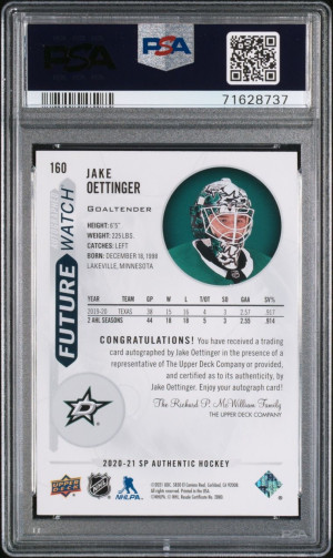 2020-21 SP AUTHENTIC JAKE OETTINGER FUTURE WATCH AUTO /999 PSA 9 MINT back