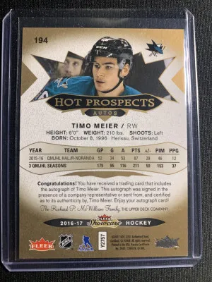 2016-17 FLEER SHOWCASE TIMO MEIER HOT PROSPECTS AUTO /499 back