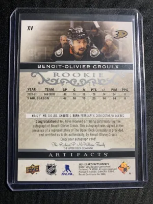 2021-22 ARTIFACTS BENOIT-OLIVIER GROULX ROOKIE AUTO back