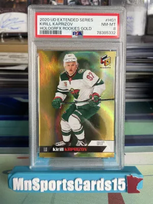 2020-21 UD Extended Kirill Kaprizov Hologrfx Rookie Gold PSA NM-MT 8 #HG-1 front