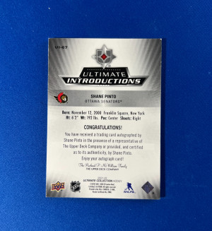 2021-22 UD Shane Pinto Ultimate Introductions Auto Gold /50 #UI-67 back