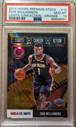 2019-20 Panini NBA Hoops Premium Stock Light Camera Action Orange Zion Williamson Rookie Card #10 New Orleans Pelicans PSA 10 Low Pop front