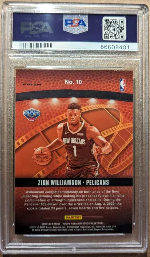 2019-20 Panini NBA Hoops Premium Stock Light Camera Action Orange Zion Williamson Rookie Card #10 New Orleans Pelicans PSA 10 Low Pop back