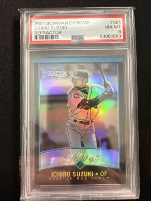 2001 BOWMAN CHROME ICHIRO SUZUKI ENGLISH REFRACTOR #351 PSA 8 CENTERED front