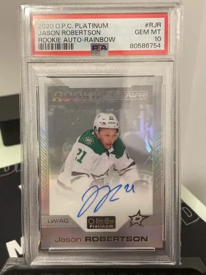 2020-21 OPC Platinum Rookie Auto Rainbow Jason Robertson PSA 10 front