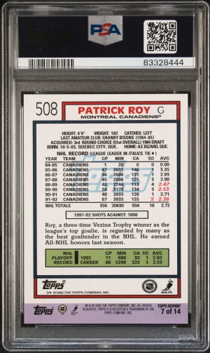 2002 Topps Patrick Roy Reprints #7 1992 Reprint PSA 9 POP 1 back