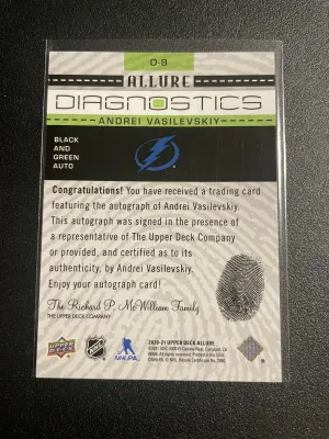 2020-21 Upper Deck Allure Diagnostics D-8 Andrei Vasilevskiy Black and Green Auto back