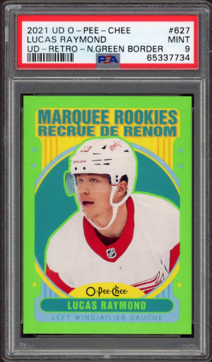 2021-22 O-pee-chee UD Retro Neon Green Border #627 Lucas Raymond /50 PSA 9 MINT front