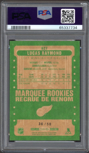 2021-22 O-pee-chee UD Retro Neon Green Border #627 Lucas Raymond /50 PSA 9 MINT back