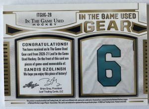 Sandis Ozolinsh In the Game Used Patch and Jersey #/15 back