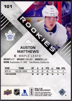 2016-17 SP Game Used #101 Auston Matthews Authentic Rookies Purple back