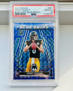 2022 Panini Mosaic Kenny Pickett Rookie Blue Chips Blue /99 PSA 10 front