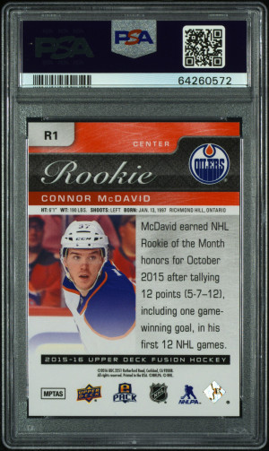 2015 Upper Deck Fusion Epack Rookie Achievement Connor McDavid #R1 Rookie Achievement PSA 10 back
