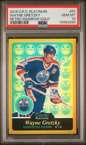 2015-16 O-Pee-Chee OPC Platinum Wayne Gretzky #R1 Retro Rainbow Gold /149 PSA 10 front