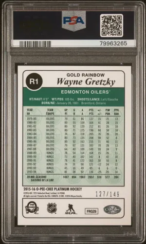 2015-16 O-Pee-Chee OPC Platinum Wayne Gretzky #R1 Retro Rainbow Gold /149 PSA 10 back
