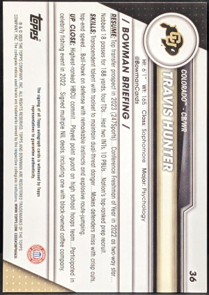 2023 Bowman Chrome University Prospect Autographs Insert #36 Travis Hunter Bills back