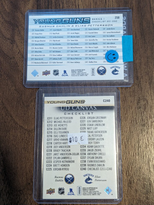 Rasmus Dahlin Elias Pettersson Young Guns Checklist Regular and UD Canvas back