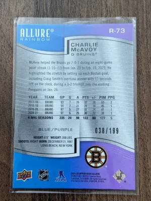 Charlie McAvoy rainbow blue purple /199 2021-22 Allure upper deck R-73 back