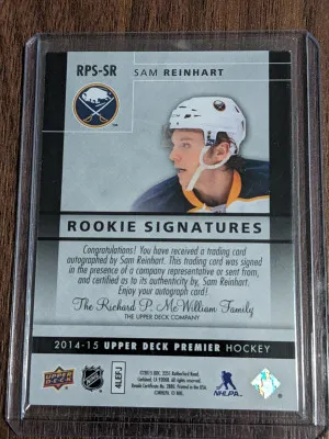 Sam Reinhart Rookie Signatures - hard signed on card auto - 2014-15 Upper Deck Premier back