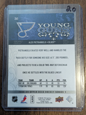 Alex Pietrangelo Young guns 2008-09 Upper Deck 241 back