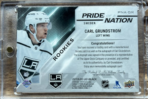 2019-20 SPx UD Black Pride of a Nation /99 Carl Grundstrom Patch Auto back