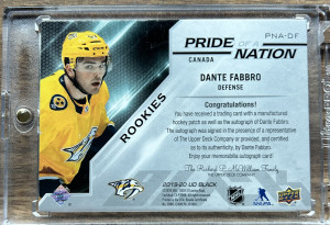 2019-20 SPx UD Black Pride of a Nation /99 Dante Fabbro Patch Auto back