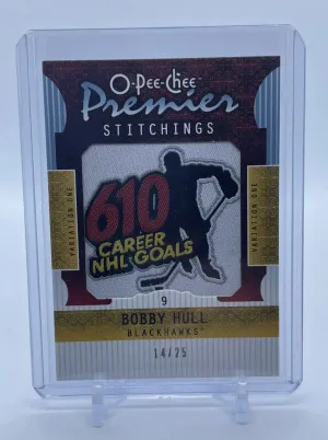 Bobby Hull 2008-09 OPC Premier Stitchings Variation One 14/25 Blackhawks front