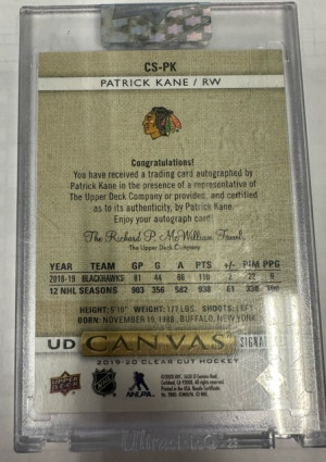 2019-20 CLEAR CUT UD CANVAS SIGNATURES PATRICK KANE /25 back