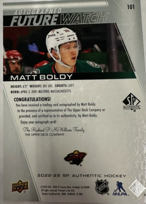 2022-23 MATT BOLDY SP AUTHENTIC FUTURE WATCH AUTO /999 back